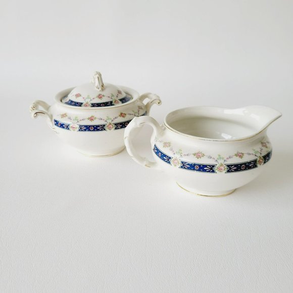 Rare Vintage Johnson Bro Sugar Bowl & Creamer, Blue Accent, Pink Floral, CRAZING